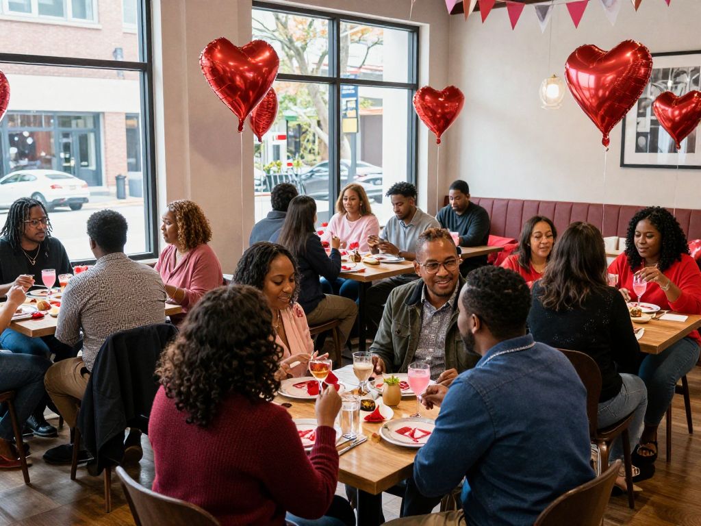 A lively Valentine's Day celebration in Atlanta with couples dining and enjoying community events.