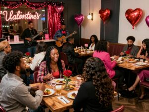 Couples and friends enjoying Valentine's Day celebrations in Atlanta with dining and entertainment.