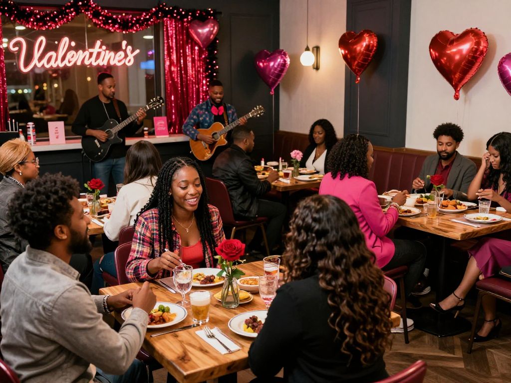 Couples and friends enjoying Valentine's Day celebrations in Atlanta with dining and entertainment.