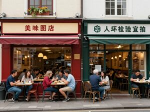 A comparison scene of two Atlanta restaurants highlighting health inspection results.