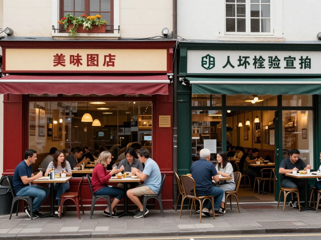 A comparison scene of two Atlanta restaurants highlighting health inspection results.