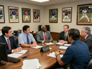 Historic office of baseball management showcasing diversity in leadership.