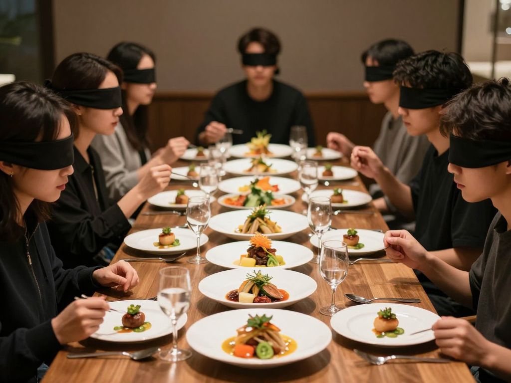 Guests participating in a blindfolded dining experience
