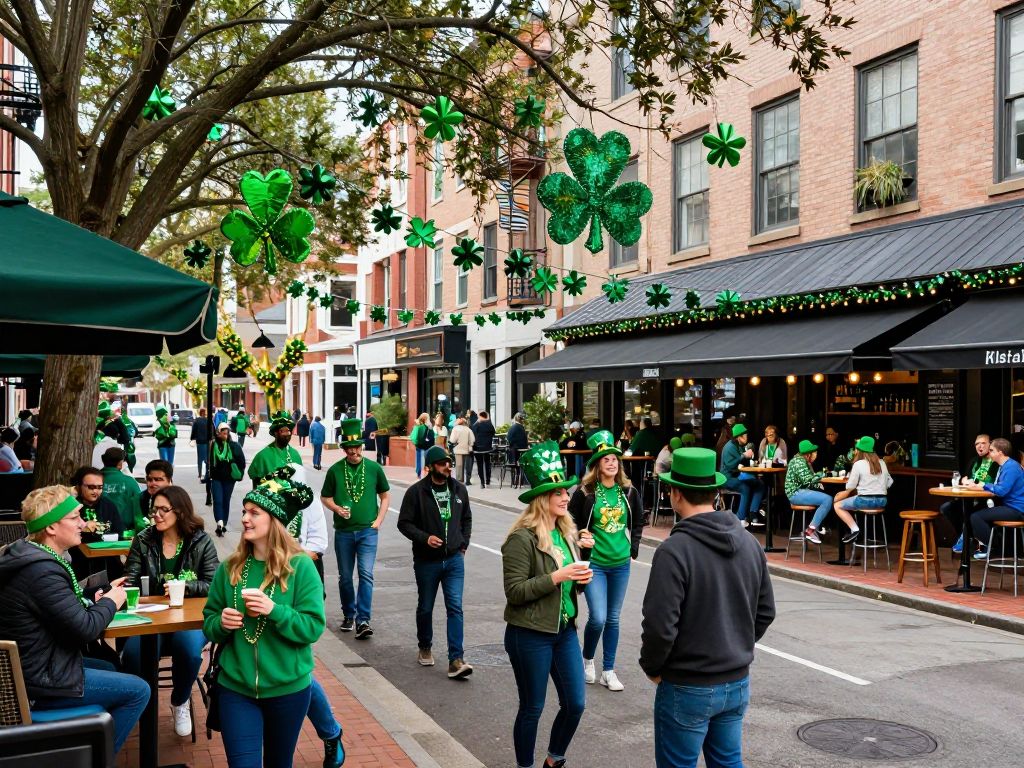 Celebration in Buckhead for St. Patrick’s Day with decorated streets and joyful attendees.