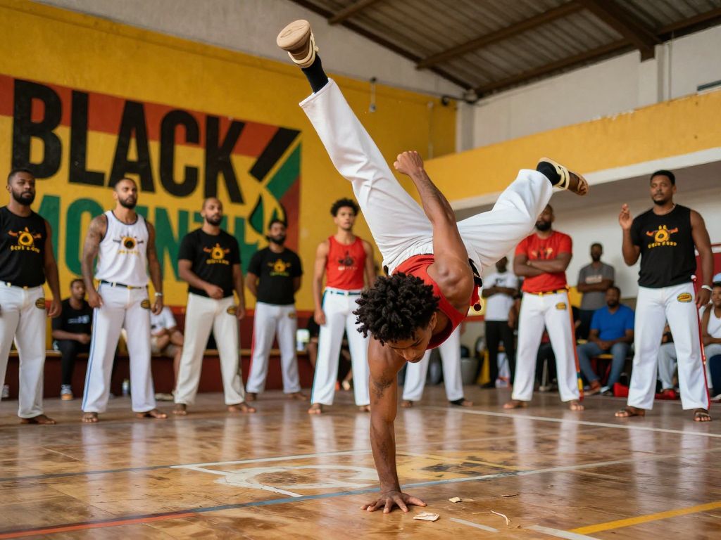 Participants engaging in Capoeira dance and martial arts during Black History Month celebration in Atlanta.