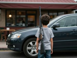 Car parked outside a restaurant, representing gun safety issues.