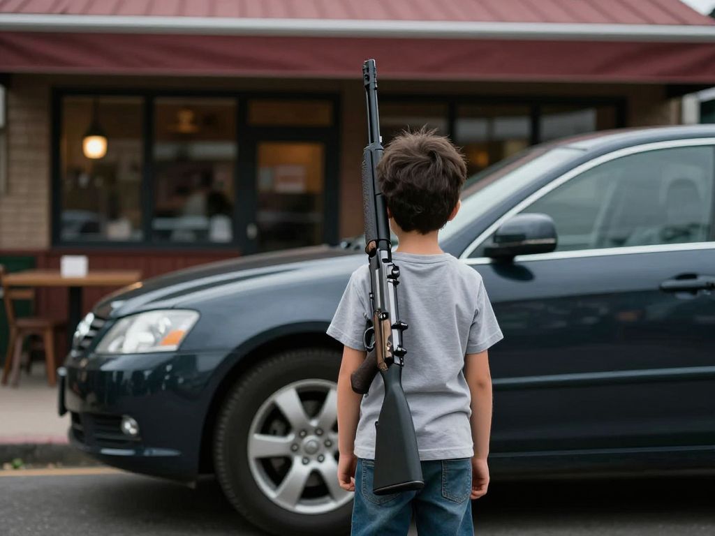 Car parked outside a restaurant, representing gun safety issues.