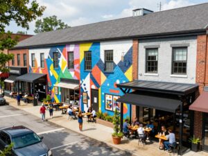 Artistic scene in Castleberry Hill, Atlanta with colorful murals and transformed warehouses