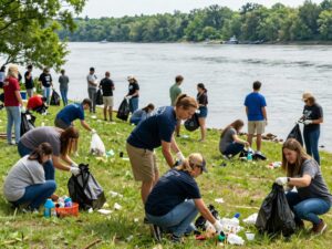 Volunteers participating in the Sweep the Hooch cleanup along the Chattahoochee River.