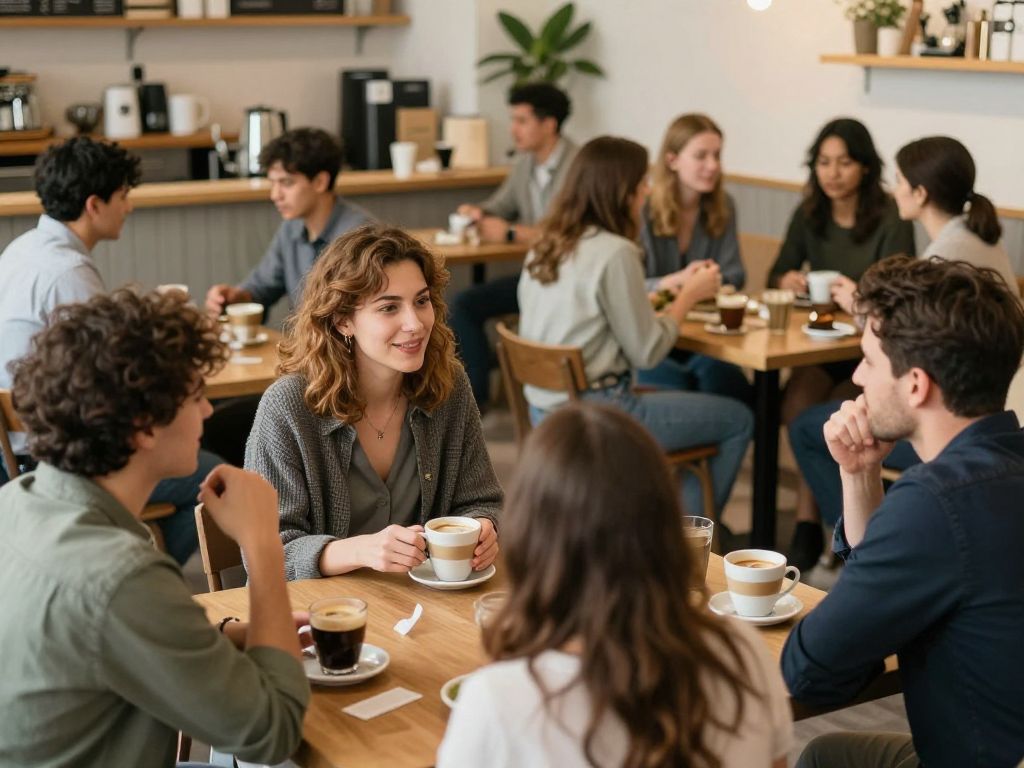 Cozy community gathering for Coffee Conversations with attendees discussing various topics.