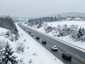 A winter landscape depicting a busy highway under cold weather conditions.