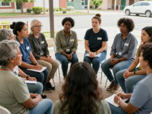 Community members discussing local issues during a rally in College Park