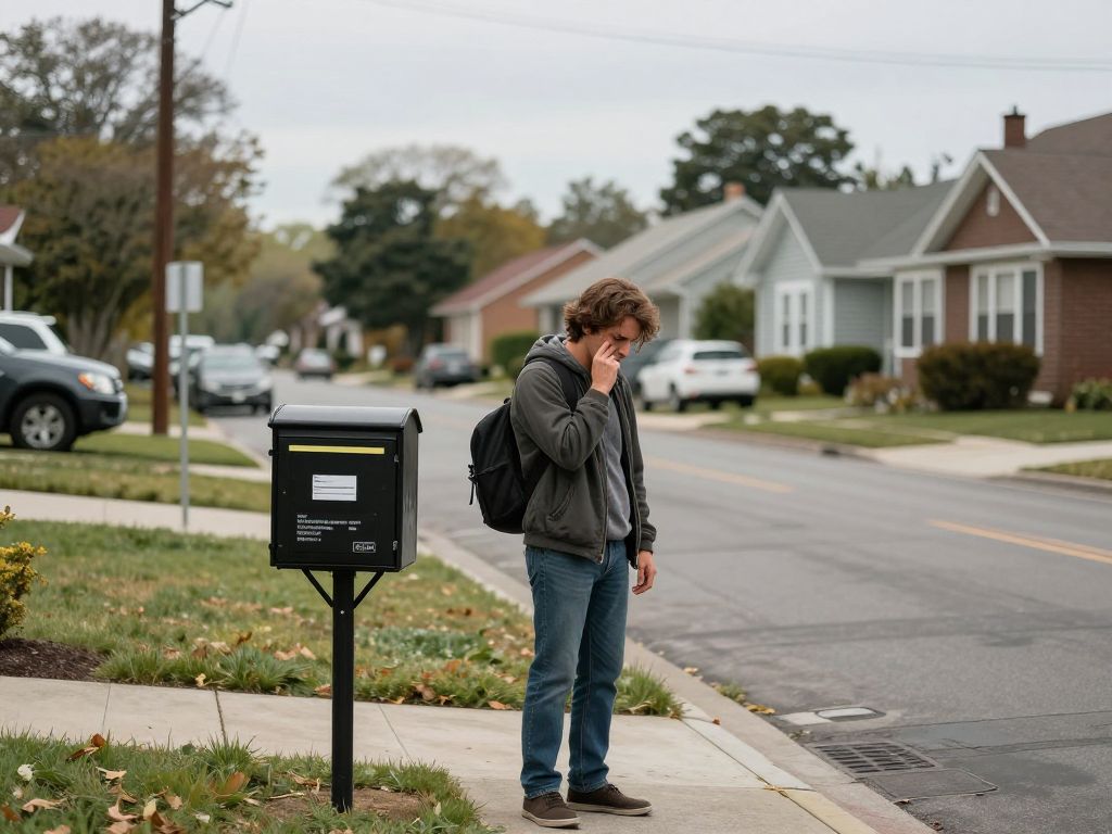 A neighborhood scene depicting a somber atmosphere following the loss of a USPS mail carrier.