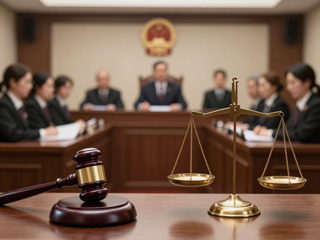 Courtroom with jury and judge, symbolizing justice