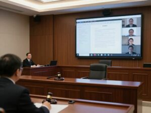 Interior view of a courtroom with a virtual deposition setup.
