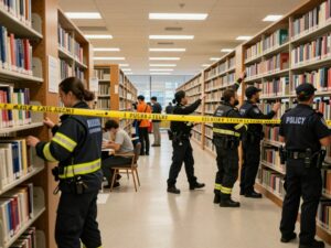 Scene depicting police and emergency responders at Decatur Library after shooting