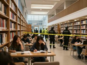 Scene of the Decatur Library shooting with emergency responders