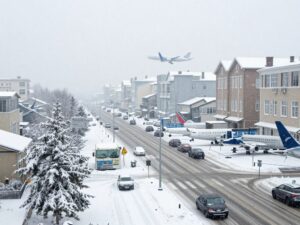 Snow-covered airport with grounded airplanes due to severe winter weather