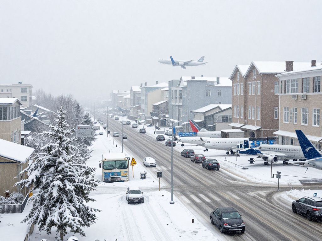 Snow-covered airport with grounded airplanes due to severe winter weather