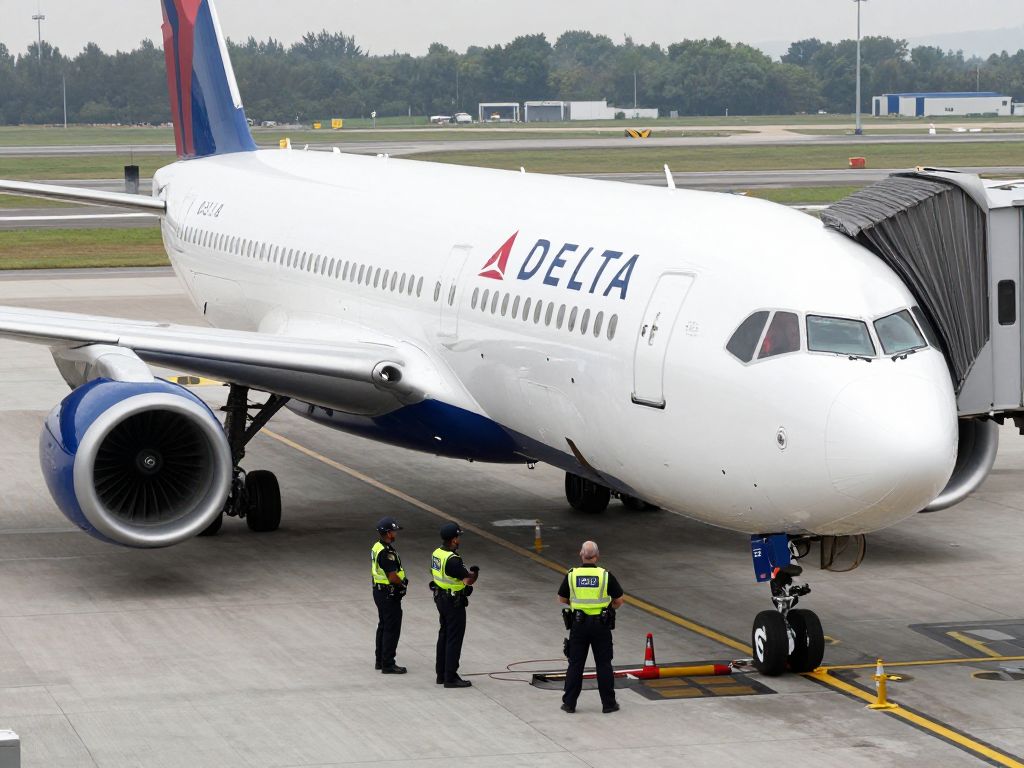Delta Air Lines airplane at Houston airport with security personnel