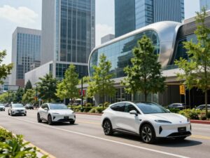 Electric vehicles driving in Atlanta's urban landscape