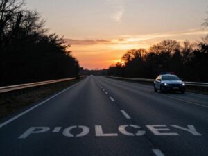 A quiet road at sunset with a police car, reflecting on vehicle safety
