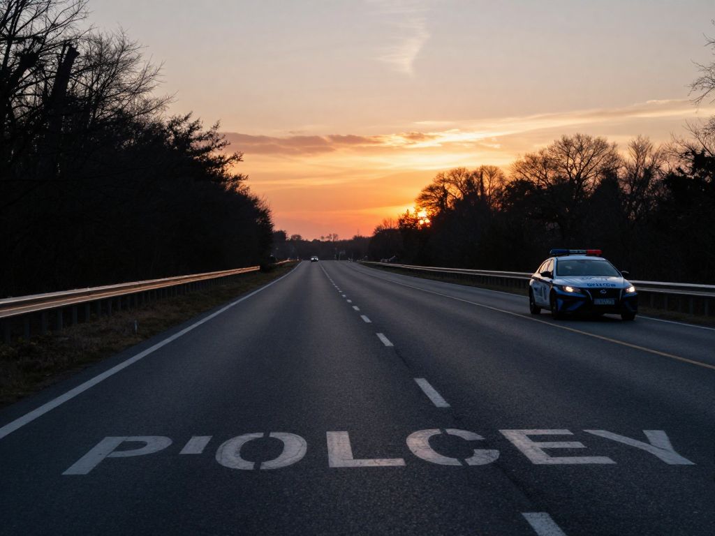 A quiet road at sunset with a police car, reflecting on vehicle safety
