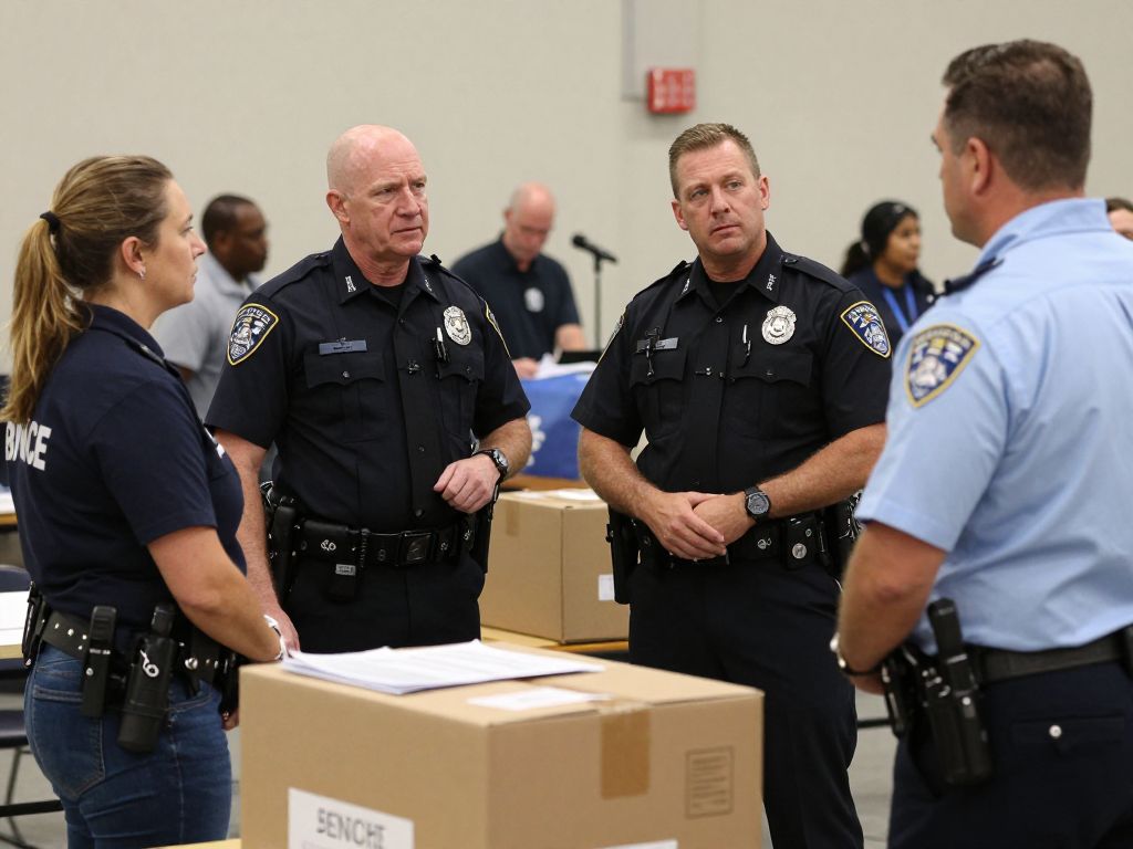 FBI agents interacting with local officials at an elections hub during a search.