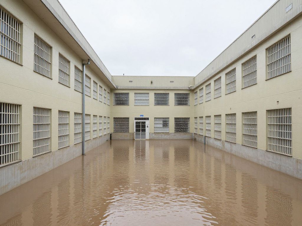 Damaged flooring and walls from flooding in Fulton County Jail
