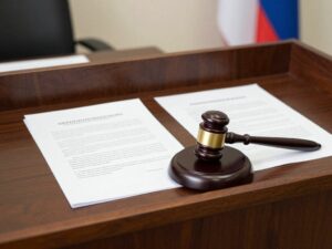 Legal documents and a gavel in a courtroom setting related to Fulton County election dispute.