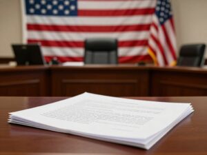 Courtroom representing legal challenge regarding election records