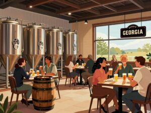 Interior of a Georgia craft brewery with barrels and patrons