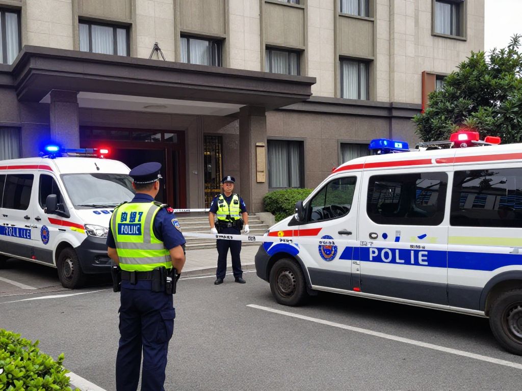 Police exterior scene with emergency vehicles at a hotel
