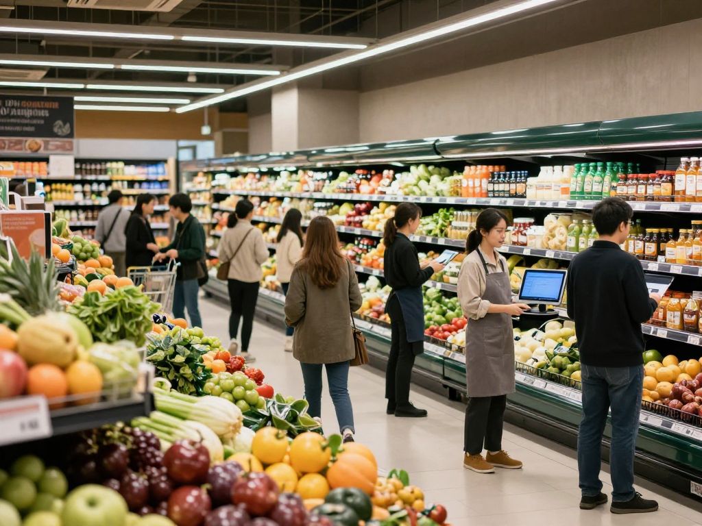 A vibrant independent grocery store with customers shopping and technology at work.