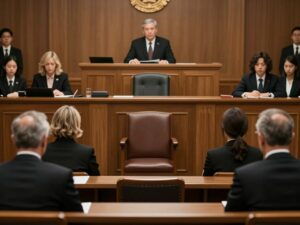 Courtroom during jury deliberation in a murder trial