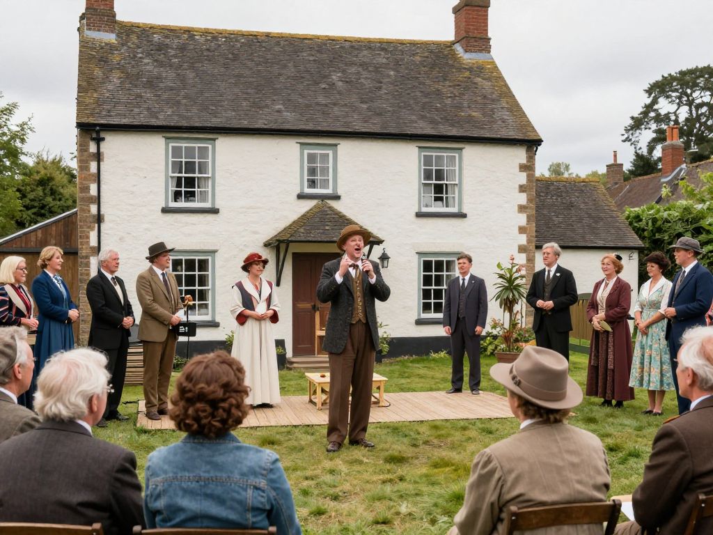 Actors performing in a 1920s English cottage comedy at Center Stage North in Marietta