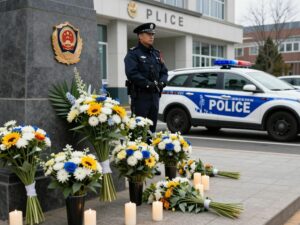 Memorial for fallen police officer with flowers and candles