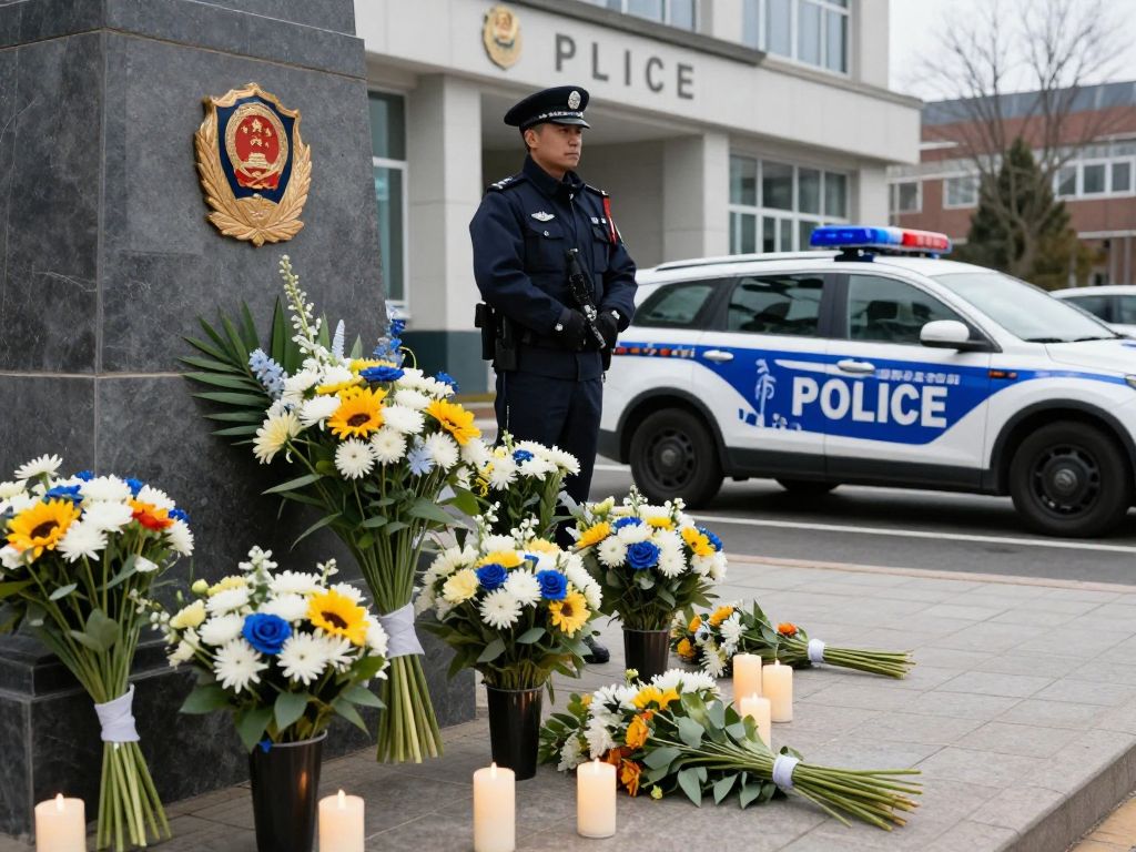 Memorial for fallen police officer with flowers and candles