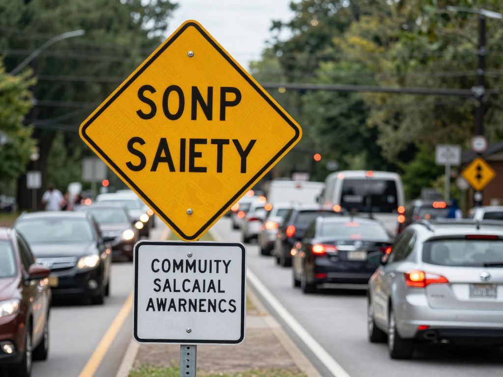 Traffic signs and a busy road in Atlanta highlighting safety concerns.