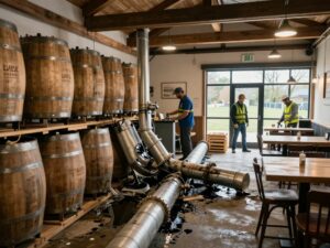 Interior of Monks Meadery showing water damage from a theft incident.