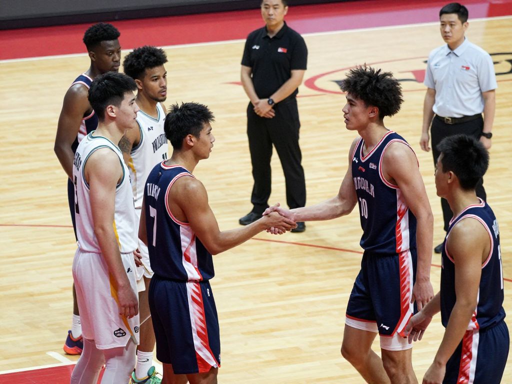 Post-game handshake between Morehouse and Tuskegee basketball teams with security presence.