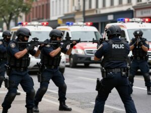 Law enforcement officers at the scene of an officer involved shooting