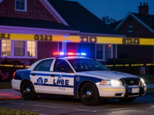 Police car and crime scene tape at night