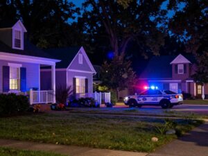 Police lights in a residential area of Atlanta after a shooting incident