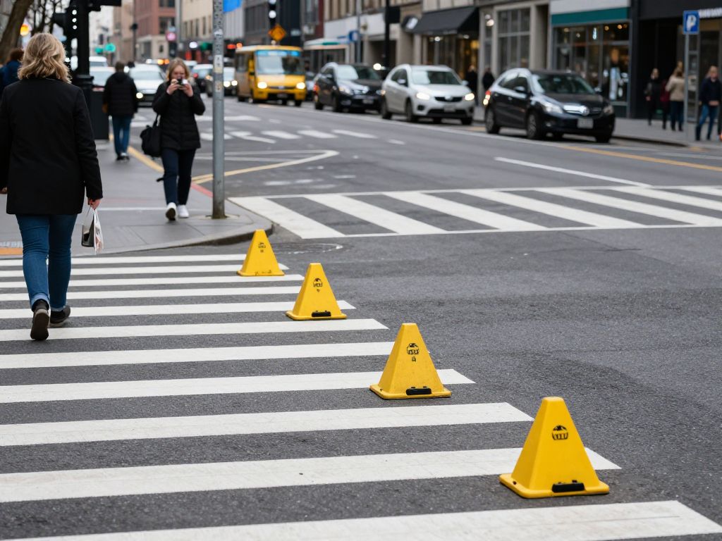Busy street showing pedestrian safety features.