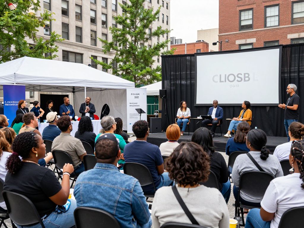 A lively scene from SCAD TVfest showcasing attendees and festival activities in Midtown Atlanta.