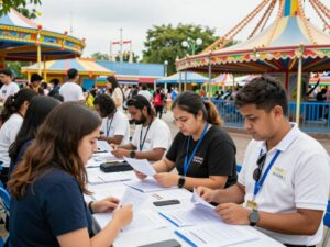 Diverse individuals interacting at a Six Flags hiring event in Mableton