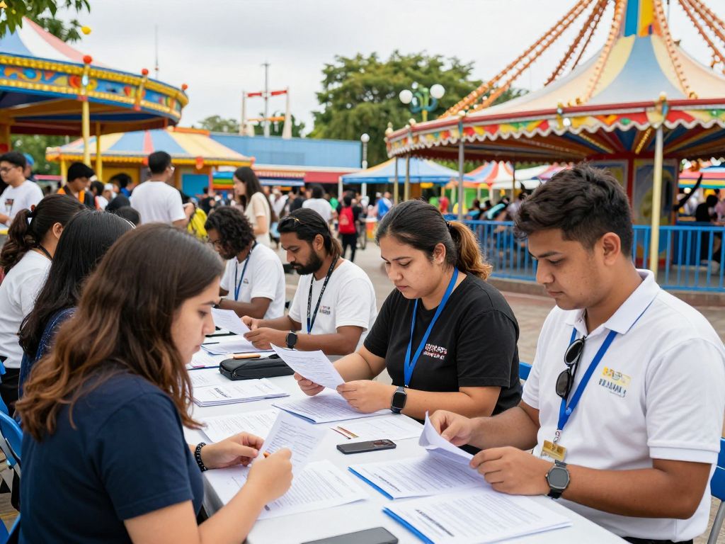 Diverse individuals interacting at a Six Flags hiring event in Mableton