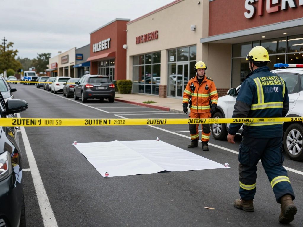 Emergency responders at a shopping center parking lot after a shooting incident