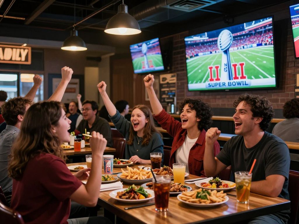 Fans celebrating at a Super Bowl watch party in a local Atlanta sports bar